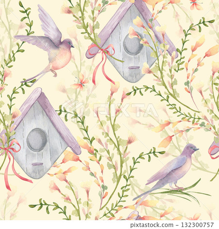 Pastel watercolor seamless pattern with meadow flowers and swallows isolated. Summer garden avian print and birdhouse for girly textile designs. Tiny pink wildflowers birds repeated background. Pastel watercolor seamless pattern with meadow flowers and swallows isolated. Summer garden avian print and birdhouse for girly textile designs. Tiny pink wildflowers birds repeated background. 132300757