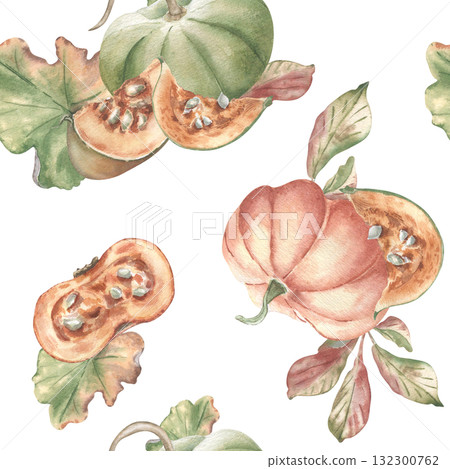 Fresh green and orange pumpkins, autumn leaves hand drawn watercolor seamless pattern isolated. Rustic harvest design in neutral tones for packaging. Thanksgiving print and seasonal home textiles. 132300762
