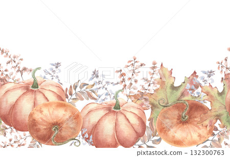 Soft orange pumpkins, maple leaves and wildflowers watercolor seamless border isolated white. Delicate autumn botanical edge repeated design for wedding menus, invitation and festive packaging. 132300763