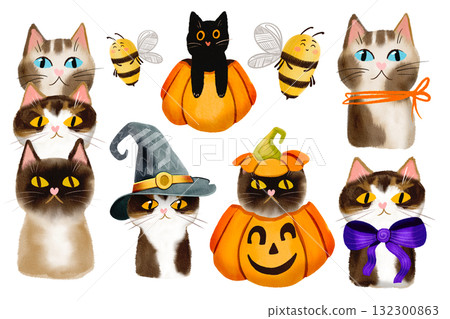 Festive, vibrant set of pets. Hand-drawn watercolor illustrations of cute cats. Sweet collection of animal faces of different breeds. 132300863