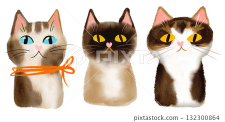 Hand-drawn set of watercolor illustrations featuring cute cats. Sweet collection of animal faces of various breeds. 132300864