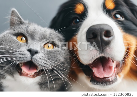 Cat and dog are happily posing side by side displaying their playful bond and cheerful expressions Cat and dog are happily posing side by side displaying their playful bond and cheerful expressions 132300923