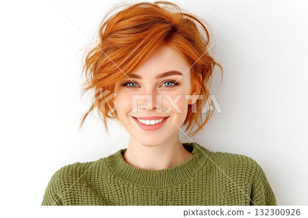Young woman with bright orange hair smiles warmly while wearing a green cozy sweater indoors Young woman with bright orange hair smiles warmly while wearing a green cozy sweater indoors 132300926