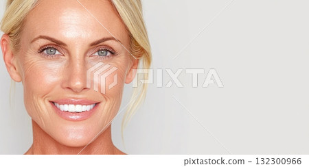 Woman with flawless skin smiles confidently radiating warmth and positivity in a natural setting Woman with flawless skin smiles confidently radiating warmth and positivity in a natural setting 132300966