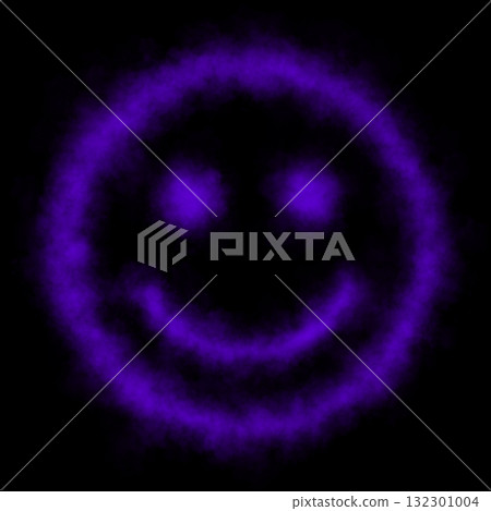 Violet smoky smiley face with glowing fog effect on transparent background for mystical imaginative digital illustration use 132301004