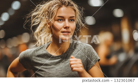 Young woman jogs on treadmill in a bustling gym filled with fitness enthusiasts 132301067