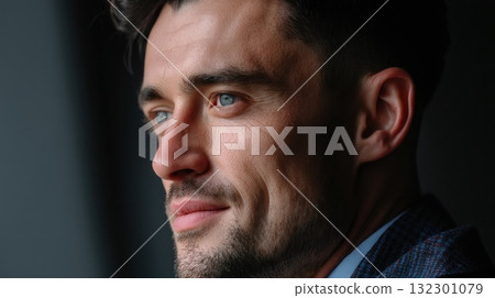 A man gazes thoughtfully showcasing his blue eyes and relaxed demeanor in a well lit indoor space 132301079