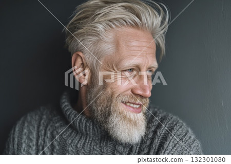 Man with silver hair and beard smiles while wearing a cozy sweater in a relaxed indoor setting 132301080