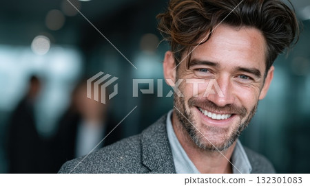 Man in gray blazer smiles warmly in a modern office environment with blurred colleagues behind 132301083