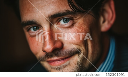 Professional portrait showcasing a man with a confident smile and sharp blue eyes dressed in a suit Professional portrait showcasing a man with a confident smile and sharp blue eyes dressed in a suit 132301091
