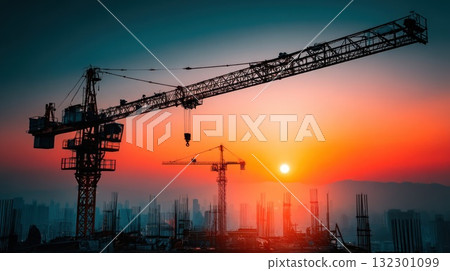 Cranes tower over a construction site as the sun sets casting warm hues over the city landscape 132301099