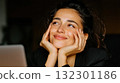 Woman with long hair has a joyful expression while resting her chin on her hands at a desk 132301186