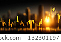 Candlestick chart illustrates market trends with golden bars as sunset illuminates the city skyline 132301197