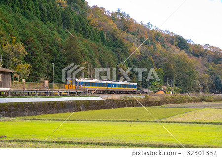 Chizu Express Super Inaba No. 73 bound for Tottori Station passing Hirafuku Station in late autumn, Sayo Town, Sayo District, Hyogo Prefecture 132301332