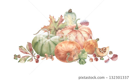 Autumn watercolor pumpkins label art. Variety pumpkins and woodland autumn plants hand drawn isolated. Fall harvest drawing for farm to table labels. Botanical sketch for Thanksgiving greeting cards. 132301337
