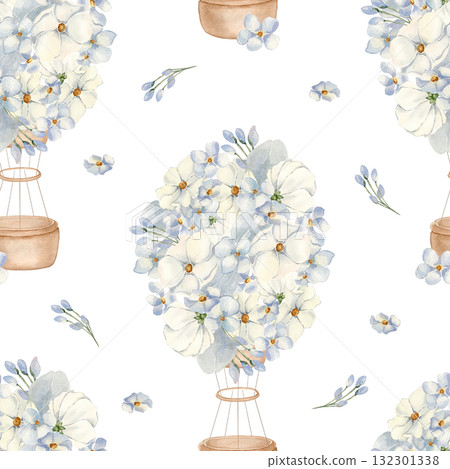Floral Air Balloons Blue Watercolor Seamless Pattern isolated. Hand drawn air ships with delicate flowers in soft blue tones. Gentle repeating design for nursery wallpaper and digital paper. 132301338