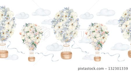 Blue floral balloons with baskets on seamless border isolated. Hand painted aerostat with neutral flowers, clouds and satin ribbon. Watercolor repeat for birthday decorations. Endless sky kids motif. 132301339