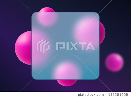 Stylized glass UI square panel with luminous pink 3D spheres on a deep violet-blue background, soft shadows and blur accents. 132301406