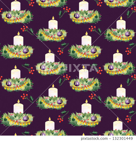 Candles, pine branches, holly berries, baubles, watercolor seamless Christmas pattern on dark background. Ideal for wrapping paper, fabric, festive backgrounds, holiday crafts, invitations, table 132301449