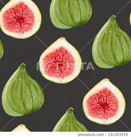 Figs with red pulp watercolor seamless pattern isolated on grey. Hand painted illustration perfect for food design, organic market, packaging, kitchen decor, healthy lifestyle concepts. Sweet fruit 132301450