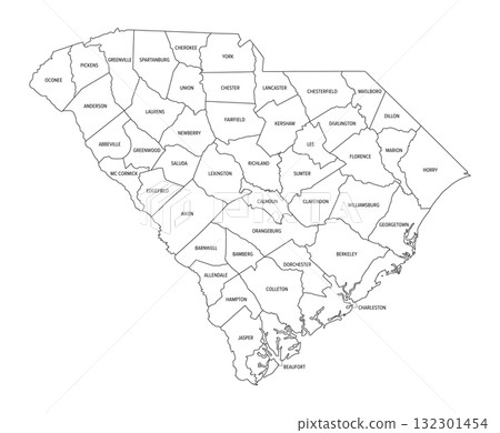 State of South Carolina, subdivided into 46 counties, outline map with county names and borders. State in the Southeastern region of the United States, nicknamed The Palmetto State. Isolated. Vector State of South Carolina, subdivided into 46 counties, outline map with county names and borders. State in the Southeastern region of the United States, nicknamed The Palmetto State. Isolated. Vector 132301454