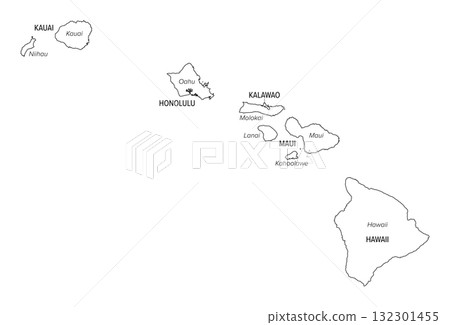 State of Hawaii, counties, outline map. Island state of the United States in the Pacific Ocean, subdivided into the five counties Hawaii, Honolulu, Kalawao, Kauai, and Maui, nicknamed The Aloha State. 132301455