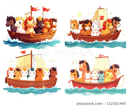 船上一組可愛的馬匹插圖 132301495