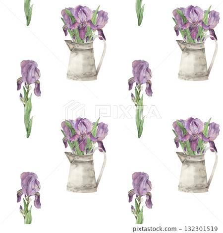 Seamless pattern with purple, delicate lilac irises and a bouquet in a vintage metal jug. The watercolor illustration is hand-drawn in a botanical style, in pastel shades. For textiles and wallpaper 132301519