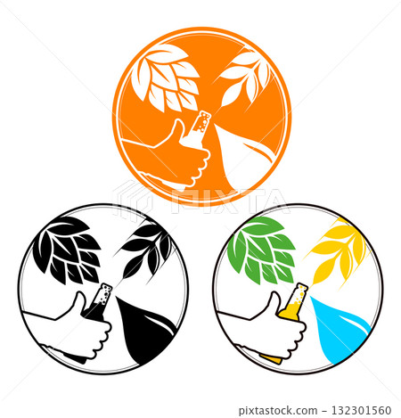 Bottle of beer in hand, hops, malt and water. Design for beer 132301560