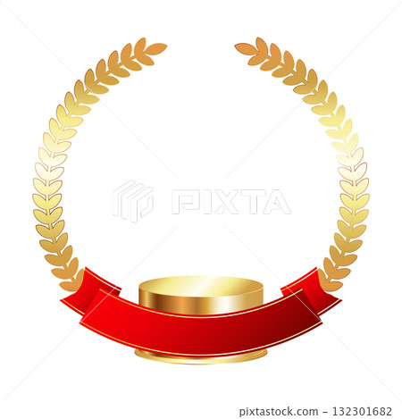 Round gold pedestal, round wreath and red ribbon design Round gold pedestal, round wreath and red ribbon design 132301682