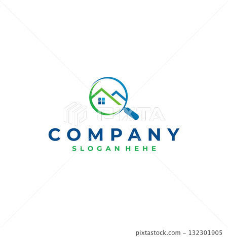 Modern Real Estate Logo Design with Magnifying Glass and House Icon Modern Real Estate Logo Design with Magnifying Glass and House Icon 132301905