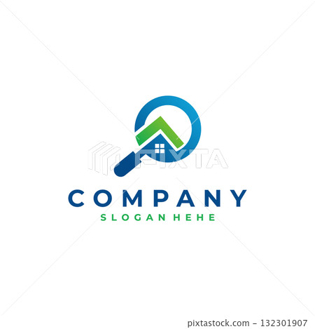 Modern Real Estate Logo Design with Magnifying Glass and House Icon Modern Real Estate Logo Design with Magnifying Glass and House Icon 132301907