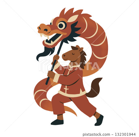 Cartoon horse performing dragon dance Cartoon horse performing dragon dance 132301944
