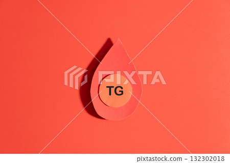 High cholesterol concept. Triglyceride cholesterol with orang spherical particles inside blood droplets on red background. Cardiovascular disease problem. High cholesterol concept. Triglyceride cholesterol with orang spherical particles inside blood droplets on red background. Cardiovascular disease problem. 132302018