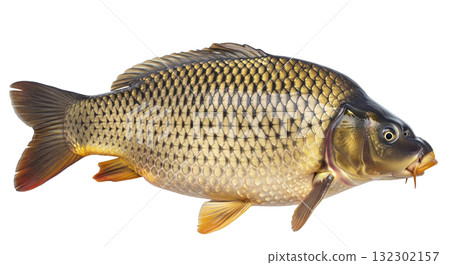 A common carp displays its beautiful, shimmering scales and robust body features. This freshwater fish is isolated on a clear background, showcasing its unique color patterns and fins. 132302157