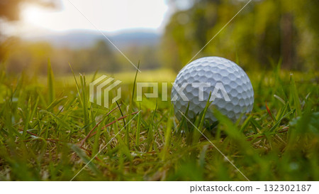 Golf ball is on a green lawn in a beautiful golf course with morning sunshine. 132302187