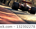 Close-up view of an F1 car's wheels and suspension as it navigates a sharp turn on a racetrack 132302278