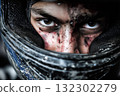 Close-up portrait of a Formula 1 driver wearing a helmet 132302279
