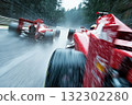 Formula 1 racing car rushes along the race track at high speed during the rain 132302280