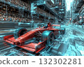 Sleek, futuristic Formula 1 cars racing through a vibrant cityscape 132302281