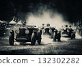 Vintage black and white photograph of a classic car race in the 1930s 132302282
