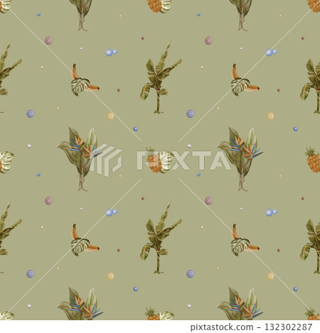 Seamless Pattern with Safari plants and banana trees on Color Background 132302287