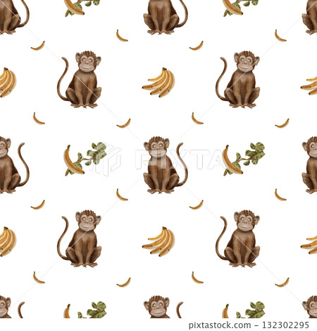 Seamless Pattern with Safari Animals - Monkey and bananas - on Transparent Background 132302295