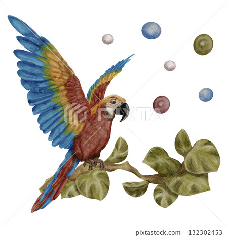 Parrot on a Monstera Branch / Safari Animals / Wildlife - Watercolor Digital Illustration 132302453