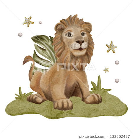 Lion and Monstera / Safari Animals / Wildlife - Watercolor Digital Illustration Lion and Monstera / Safari Animals / Wildlife - Watercolor Digital Illustration 132302457