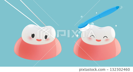 Cartoon Brushing teeth and Dental floss set with happy tooth characters 132302460