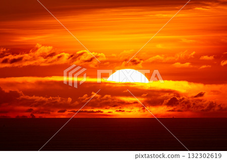 Beautiful sunset or sunrise over the sea with colorful clouds,Amazing clouds and majestic light nature background 132302619