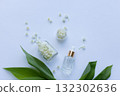 Glass bottle of lily of the valley essential oil with fresh flowers 132302636