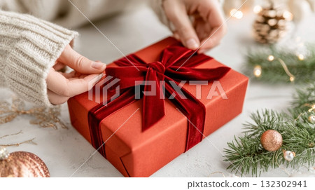 Hands tie a red velvet ribbon on a beautifully wrapped gift, set against a backdrop of festive decorations. 132302941