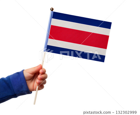 孩子的手拿著一面小哥斯大黎加國旗。 132302999